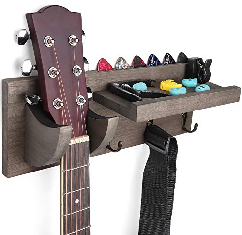 Bikoney Gitarrenwandhalterung Gitarrenaufhänger Regal Holz Gitarrenhaken mit Plektrenhalter und 3 Haken für akustische E-Gitarre, Ukulele, Bass, Gitarrenhalter, verwittertes Grau [US-Patent]