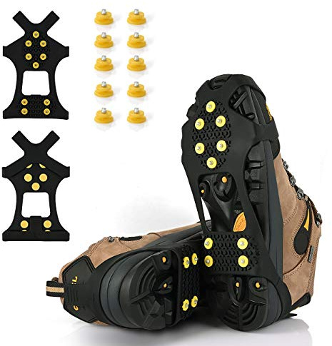 Ice Cleats, Ice Grips Traction Cleats Grippers Non-Slip Over Shoe/Boot Rubber Spikes Crampons with 10 Steel Studs Crampons + 10 Extra Replacement Studs (Medium, Black)