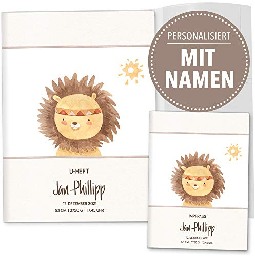 OLGS U-Heft und Impfpasshüllen Set 3-teilig Indianer Freunde Löwe | Untersuchungshefthülle & Impfpasshülle, Babygeschenk zur Geburt mit Namen - Impfpass, Uhefthülle personalisiert