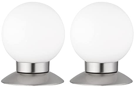Set om 2 små touch, kullampor, 13 cm, silver med glasboll, vit