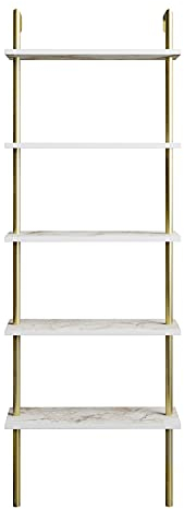 DECOROTIKA Paulina Industrial 5-Tier Bookcase Bookshelf Shelving Unit with Multiple Color Options (Gold and White Marble Effect)