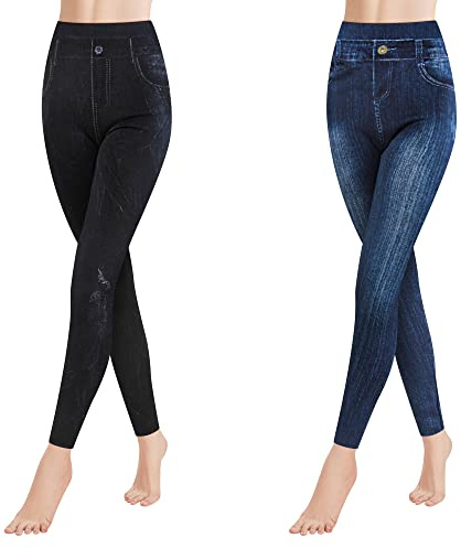 Libella Leggings para Mujer con Aspecto Vaquero Leggings de Cintura Alta con Cinturilla Leggings moldeadores de Moda Treggings elásticos moldeadores Pantalones Streetwear 4162 2 Paquetes C+F S/M
