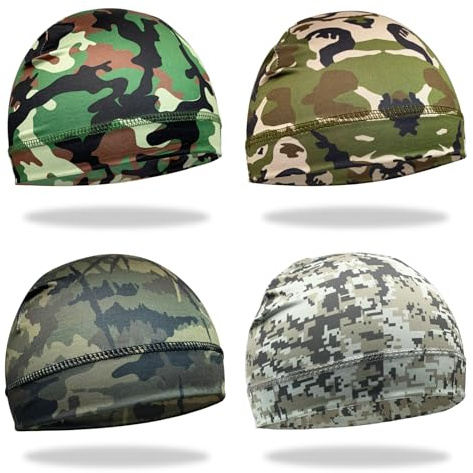 4 Pcs Skull Cap Sweat Wicking Helmet Liner Breathable Cycling Beanie Running Sports Hat Cooling Head Wraps for Men (Camo Color)