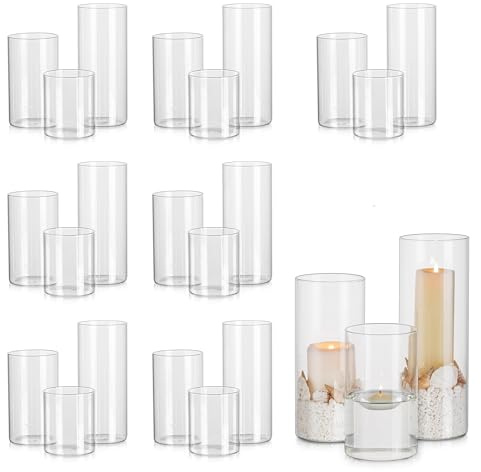 Glasseam Windlicht Glas Kerzengläser Groß: 24er Set Glaszylinder für Kerzen Kerzenglas für Tischdeko Modern Vase Kerzenhalter Stumpenkerzen für Hochzeit Wohnzimmer Deko
