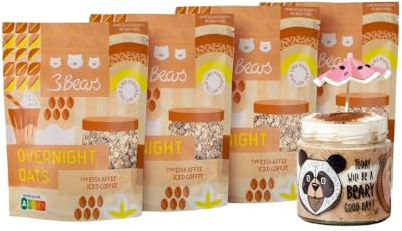 3Bears Overnight Oats I 4x400g di bustine di porridge vegano con avena integrale I Colazione deliziosa, per tutta la notte in frigorifero I Porridge per la colazione senza zucchero