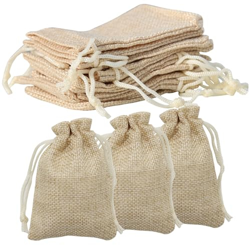100 Pz Sacchetti di Iuta Piccoli, Sacchi Juta Lino con Coulisse, Sacchetti Regalo Riutilizzabili per Matrimoni, Feste, Gioielli (7 x 9cm)