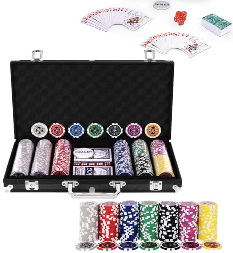 RELAX4LIFE Pokerset Pokerkoffer mit 300 Poker Chips, 2 Kartendecks, Händler & 5 Würfel, Kartenspiel für Partys & Picknick & Ausflug, Ink. abschließbares Poker Koffer aus Alu (Schwarz)