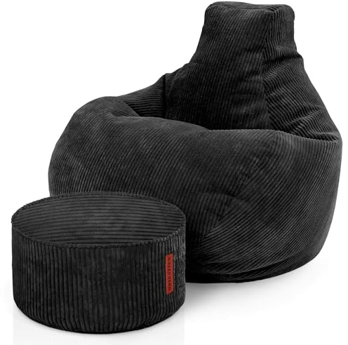 Green Bean® Sitzsack mit Hocker aus Cord - Sitzsäcke für das Wohnzimmer, Schlafzimmer, Sitzsack-Sessel für Erwachsene Schwarz