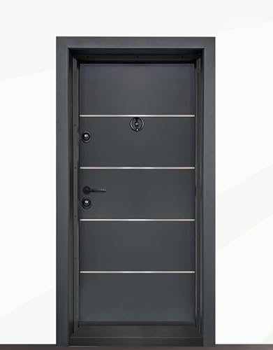 Porta Blindata D’Ingresso Nera con Dettagli in Alluminio Dotato di 2 Serrature Spioncino Portone dal Design Moderno PL38 (Apertura interna sinistra)