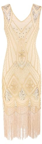KBOPLEMQ Costume des Années 20 pour Femme - Robe Charleston 1920 Col en V - Cocktail Vintage - Soirée Gatsby le Magnifique, O Beige, L