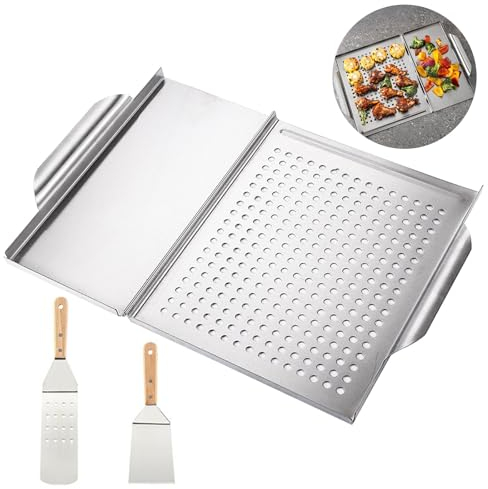 Herfair Grillplatte BBQ 45 x 31 cm Edelstahl Plancha Grillplatte mit 2 Grillspachteln perfekte Grillzubehör für Holzkohlegrill Gasgrill