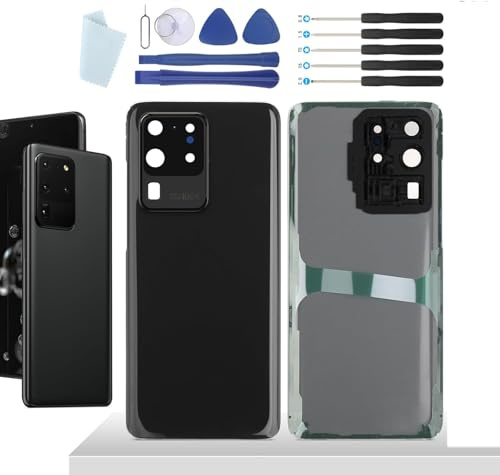 YHX-OU 6,67 Tum Batterilucka för Samsung Galaxy S20 Ultra 5G SM-G988B SM-G988U Baksidesskydd glas Ersättningsskydd baksida glas bakskydd baksida glas ersättningsset + verktyg (svart)