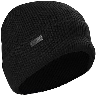 Cole Haan Heritage Rib Cuff Black Beanie Hat for Men, One Size, Warm Knit Wool Beanie with Classic Ribbed Design and Snug Fit