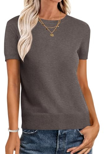 ANRABESS Womens Short Sleeve Sweaters Wool Blend Crew Neck Sweater Shirts Business Casual Work Tops 2026 Summer Outfits Coffee M