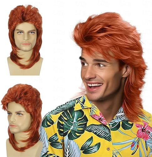 FOUNSHO Red Mullet Wig For Men, Men's Long Curly Wig, 70s Rocker Fancy Dress Wigs for Adult, Men's 80s 90s Wigs For Pop Rock Star Costumes Carnival Halloween Party (Red)
