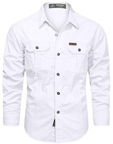 PADOLA Chemise Homme Manches Longues Slim Fit Coton Boutonnée Chemises avec Poches Col Rever Chemise de Travail Cargo Uni Chemisette Militaire Tactique Shirt Safari Habit (4 Blanc, 2XL)