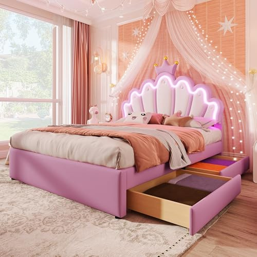 Merax Lit enfant 140x200, lit capitonné pour filles, lit double à tête réglable en forme de couronne, bande LED, en cuir PU, avec sommier et 2 tiroirs (sans matelas), rose