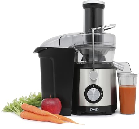 Omega Centrifugal Juicer with 3-Inch Wide Chute High Speed Extractor For Fruits and Vegetables, Features 2 Speeds Stainless Steel Filter and Large Pulp Container, 1000-Watts, Black