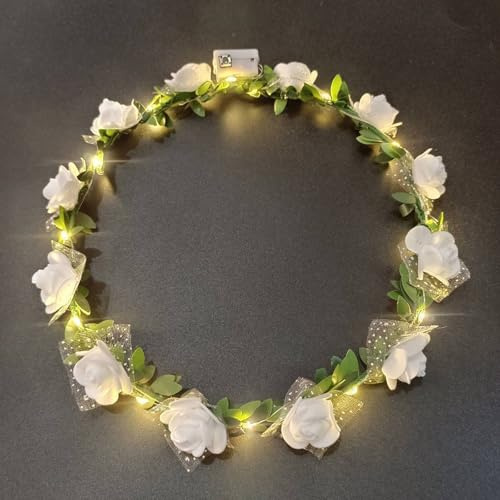 LED Bandeau Fleur, Serre Tete Lumineux, Couronne De Fleurs Lumineuse, LED Mousse Rougeoyante Fleur Bandeau pour Mariage, Festival, Fête, Carnaval (Blanc)