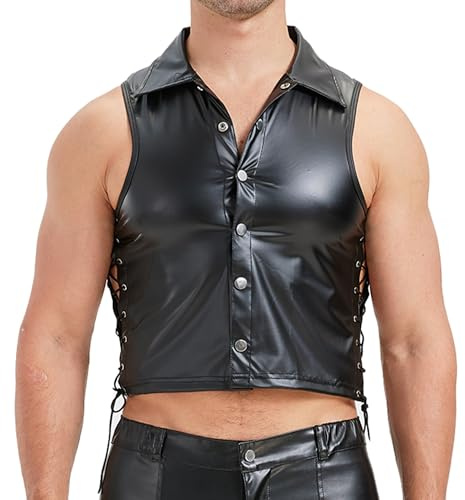YOOBNG Men's Faux Leather Vest Sleeveless Shirt Wet Look Zipper Undershirt Round Neck Shirt Nightwear Vest