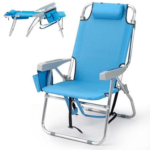 HOBBYZOO Beach Chair with 5-position Adjustable Backrest, Lightweight Foldable Aluminum Camping Chair, Use for Beach Garden Trips BBQ, Support 100kg, Blue