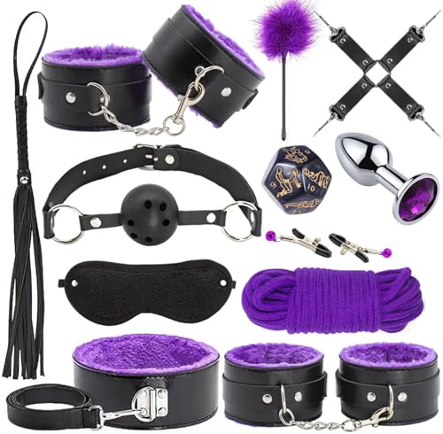 Kit de bondage sexuel BDSM - 12 pièces avec menottes réglables, collier, menottes à la cheville,jeux pour adultes, jouets sexuels pour hommes, femmes, couples, violet (8)