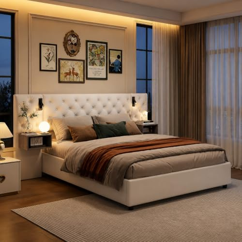 HYNHXBP Lit Coffre 140x200 cm avec Sommier, Lit Complet en Velours avec Tables de Chevet, Lit Double avec Lampes de Lecture, Tête de Lit avec USB et USB-C, pour Adultes (Blanc cassé, 140 x 200 cm)