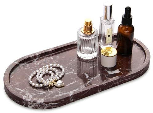 Bandeja Mármol Ovalada Bandeja Portaobjetos Baño Moderno Decoraciones Vaciabolsillos Entrada Organización para Velas Perfumes Cocina Tejidos Jabón Champú Cosméticos Rosso Lepanto 30 x 15 cm
