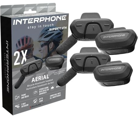 INTERPHONE AERIAL dubbel, cykelintercom för kommunikation mellan 2 cyklister upp till 300 m, cykelhjälmintercom med Bluetooth för GPS, musik och samtal, vattentät och vindfilter