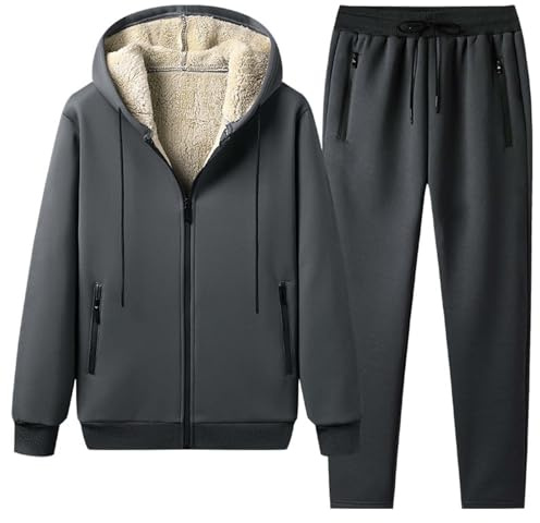 Zanisouta Tuta termica da uomo, in pile, foderata, per il tempo libero, casual, in due pezzi, con felpa con cappuccio e pantaloni da jogging, set di morbida giacca invernale Baggy Tracksuit, O grigio