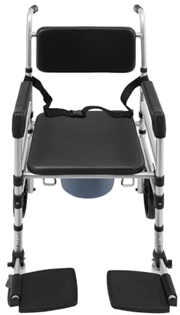 Duschstol, mobil toalettstol för seniorer, hopfällbar nattstol, justerbar höjd 46–51 cm, toalettrullstol med armstöd, ryggstöd och toaletthink, upp till 150 kg