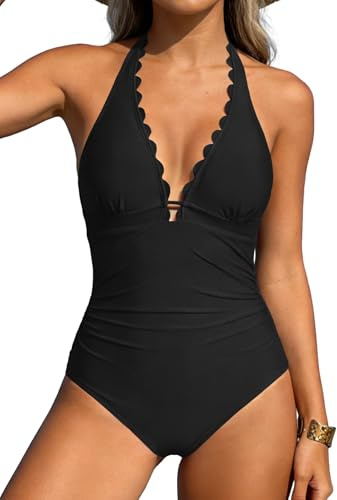 Aidonger Women's One Piece Halter Swimsuit Tummy Control Ruched Slimming Bathing Suit Scalloped Swimwear Black