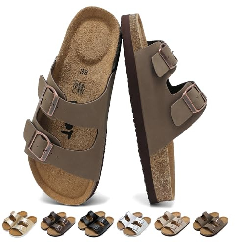 chetoria Sandalias Mules Mujer Hombre con Dos Hebillas Ajustables 36-46EU | Comodas y Ligero Sandalias Ortopedicas con Arch Fit y Planas de Corcho, Antideslizante Cuero Zapatillas con Punta Abierta