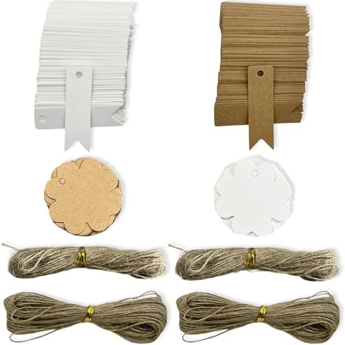 300 Etichette Regalo in Carta Kraft, Mini Tag con Corda di Canapa, Accessori di Marcatura Avvolti A Mano, Adatti per Matrimoni, Compleanni E Decorazioni Natalizie.