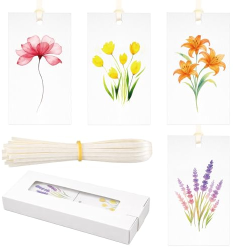 jijAcraft 60Pcs Floral Gift Tags with Ribbon: 9x5CM Gift Tags for Presents | 4 Designs Wildflower Watercolour Favour Labels for Thank You, Wedding, Bouquet Packaging, Birthday, Party, Crafts