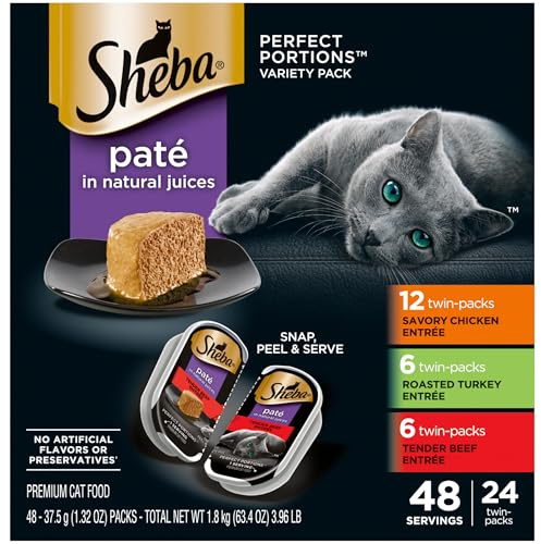 Sheba Perfect Portions Wet Cat Food Pate Savory Chicken Entree, Roasted Turkey Entree, and Tender Beef Entree Variety Pack, 2.6 oz. Twin Pack Trays (24 Count, 48 Servings)