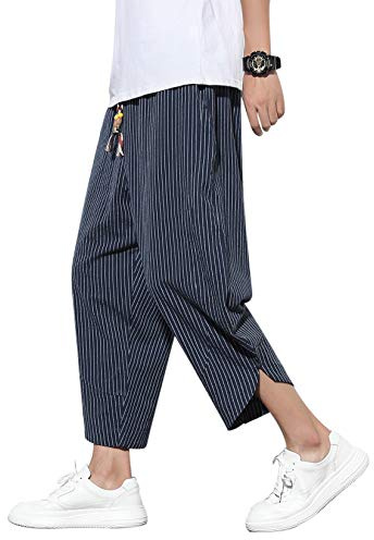 Mens Harem Pants Patchwork Baggy Capri Pants Elastic Waist Japanese Shorts