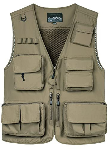 KTWOLEN Herren Anglerweste Sommer Leicht Schnelltrockenweste Funktionsweste Outdoor Fotografie Hundesport Weste Ärmellos Safari Weste mit Viele Taschen, Khaki, XL
