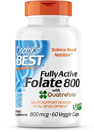 Doctor's Best, Fully Active Folate mit Quatrefolic (Folsäure), 800mcg, 60 vegane Kapseln, Laborgeprüft, Glutenfrei, Sojafrei, Vegetarisch, Ohne Gentechnik