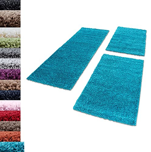 Carpettex Bettumrandung Schlafzimmer 3teilig Shaggy Teppich Hochflor Einfarbig Türkis Bettset:2 mal 60x110 + 1 mal 80x150 - Bettvorleger Schlafzimmer Läuferset Weicher Flauschig Bettumrandung Teppich