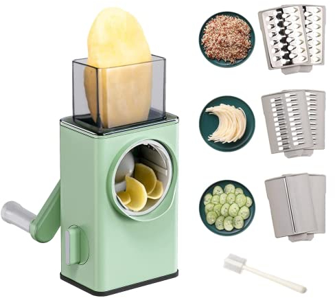 Tritaverdure a Mandolina da Cucina. Tamburo Tagliaverdure, 3 Lame In Acciaio Inox. Grattugia Rotativa per Formaggio, Trita Patate (Tritate, Affettate, Julienne).
