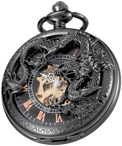 Tiong Vintage Mechanical Pocket Watch with Chain Unique Hollow Engraved Dragon Steampunk Roman Numerals Men's Pocket Watches