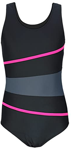 Aquarti Mädchen Badeanzug mit Ringerrücken – Sport Badeanzug Mädchen, Chlorresistent, Farbe: 026C Schwarz/Graphit/Amarant, Größe: 134