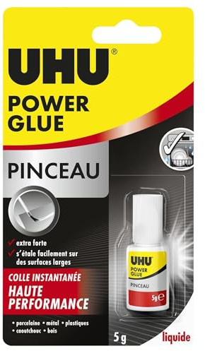 UHU Power Glue - Glue Extra-Forte avec Pinceau - Pour Tous Types de Supports - S'Etale Facilement Sur de Larges Surfaces - Résistante à L'eau - Transparente - Flacon avec Pinceau Applicateur 5 g