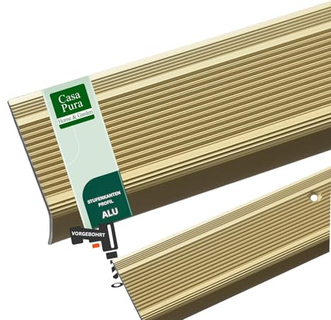 casa pura Aluminium stair profile L-shape angle profile, gold, anodised step edge profile for parquet and laminate, 1 piece, 100 x 3 x 2 cm, pre-drilled, integral
