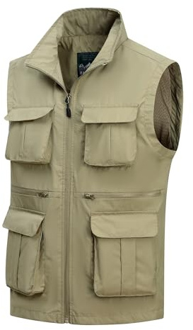 MeiLayM Hombres Al Aire Libre Chaleco de Pesca Malla Ligero Chaleco con múltiples bolsillos Casual Respirable chaqueta Sin Mangas Chaleco de Camping Fotografía Senderismo Caqui,S
