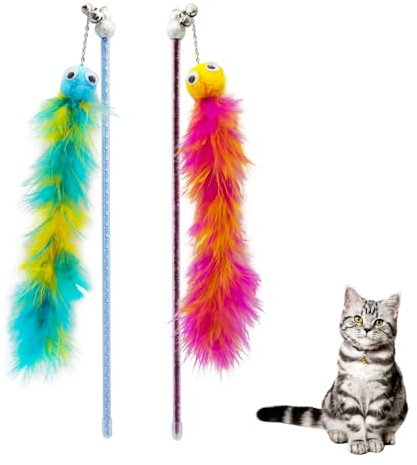 Andiker Cat Feather Toys, 2 PCS Cat Wand Toys with Bell&Plush Balls, 12in Colourful Interactive Kitten Teaser Toy, Funny Interactive Cat Toys for Indoor Cats Playing Training (Red + Green)