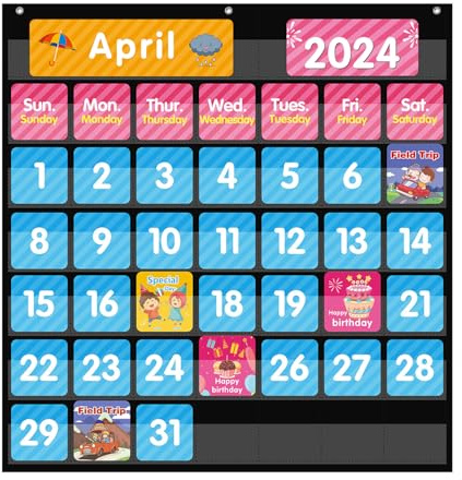 ANSTROUT Calendario grande de 44 bolsillos para aula con 85 tarjetas, tamaño: calendario mensual de 25 x 24 pulgadas y tabla de bolsillo negra para niños que aprenden en casa o escuela (44 bolsillos)