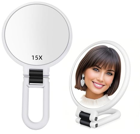 Stianiiie 1 x 15 x Handspegel med handtag för resor, förstoringsspegel, roterande justerbart handtag, dubbelsidig vikbar, spegel för kvinnor, för ögon, makeup, resebord, skrivbord, rakning