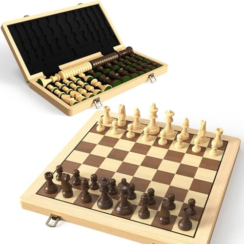 38 cm Holz Klapp-Schach- und Dame-Set, 2-in-1 Brettspiel, 7,6 cm König Staunton Figuren, 2 zusätzliche Damen